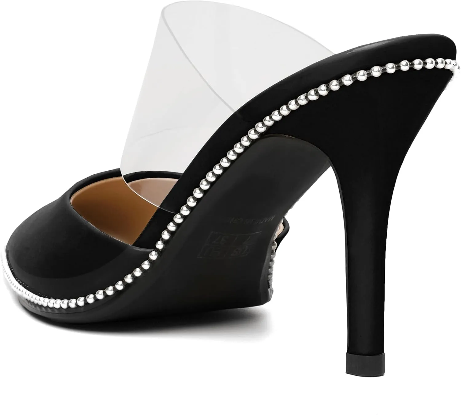 Joseywade Women's Heeled Mules Beaded Sandals Stilettos Heels Pointed Closed Toe Clear PVC Ankle Strap Patent Fashion Dress Shoes