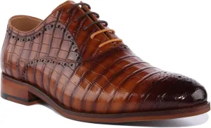 JUSTINREESS Andre Men's Lace Up Leather Croc Print Brogue Shoes (Tan, Size 7)
