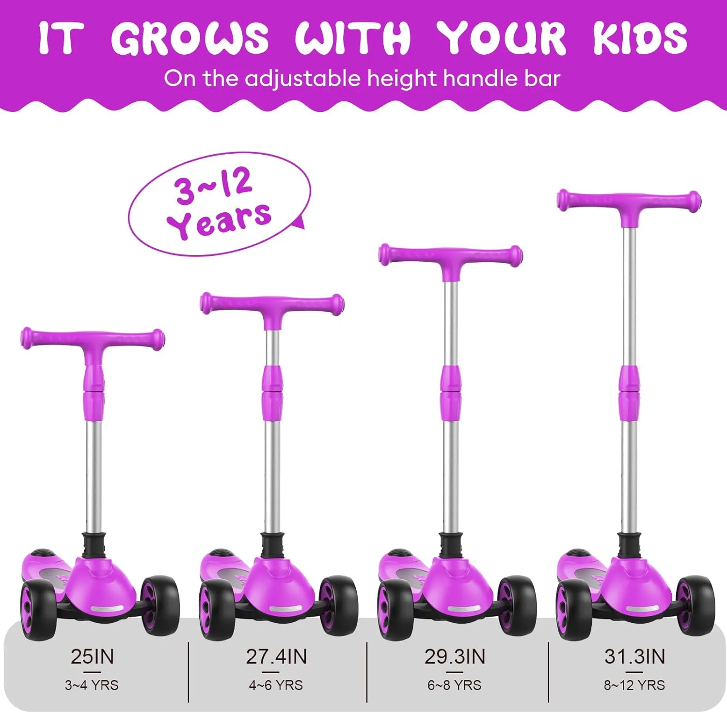 Kids Kick Scooter,Adjustable Height Handlebars and Removable Seat Scooters for Kids,3 Lighted Wheels Anti-Slip Deck Toddler Scooter for Boys & Girls Aged 3-12 up to 132 Lbs.