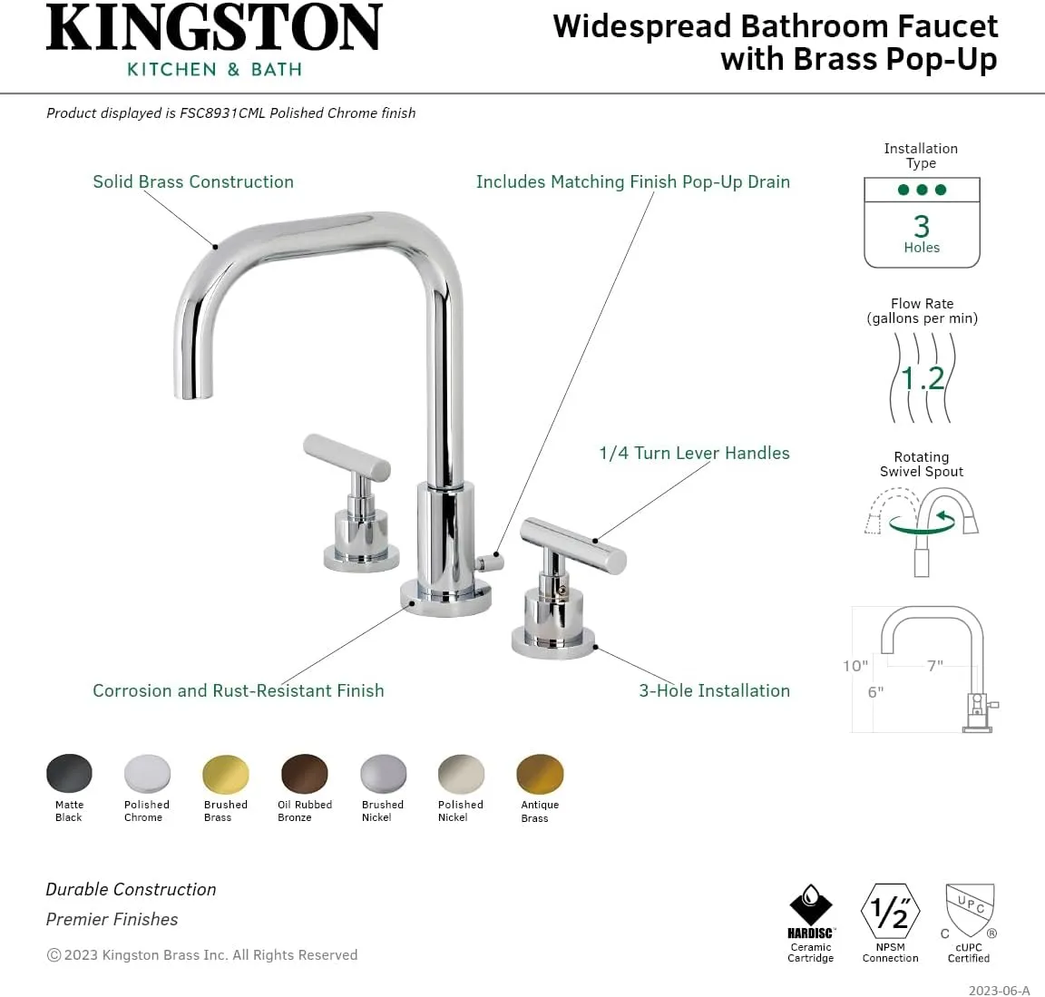 Kingston Brass FSC8935CML Manhattan Widespread Bathroom Faucet with Brass Pop-Up, 9.5 x 6.81 x 2.5, Oil Rubbed Bronze