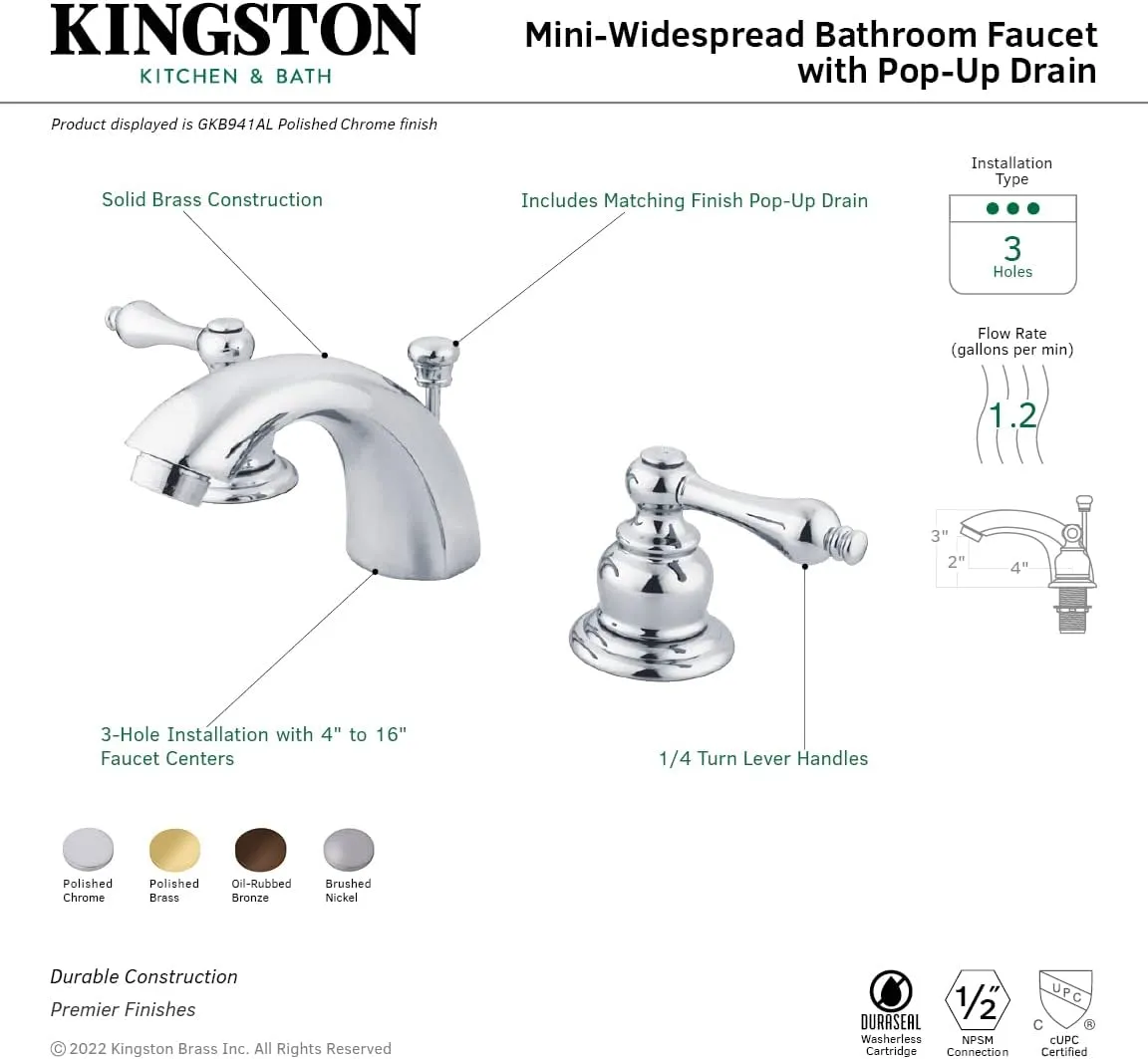 Kingston Brass GKB948AL Magellan Mini-Widespread Bathroom Faucet with Retail Pop-Up, 4.5 x 3.5 x 2.06, Brushed Nickel