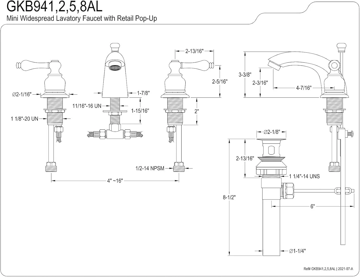 Kingston Brass GKB948AL Magellan Mini-Widespread Bathroom Faucet with Retail Pop-Up, 4.5 x 3.5 x 2.06, Brushed Nickel