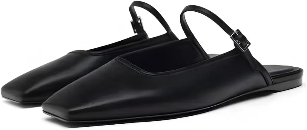 Kluolandi Flat Mules for Women Square Toe Mule Ballet Flats with Strap Comfortable Closed Toe Slides Shoes