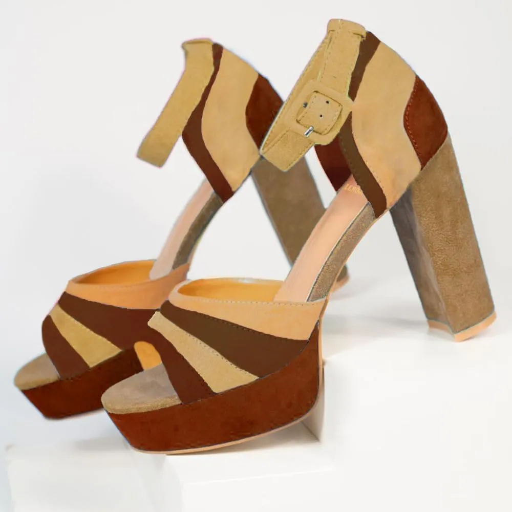 LEHOOR Women Rainbow High Chunky Heel Sandals Platform Round Peep Toe Ankle Strap Pumps Suede 4 Inch Block Heel Multicolor Buckle Summer Heels Cute Sexy Dress Party Sandals 4-11 M US