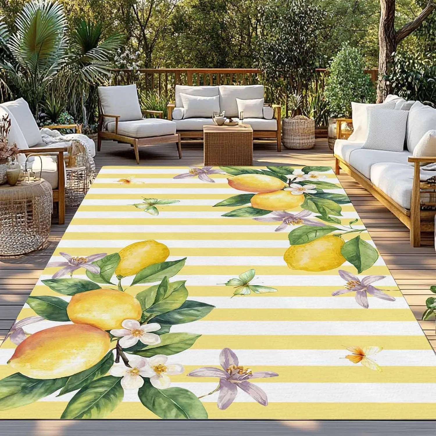 Lemon Flower Outdoor Rug 4x6ft Large Patio Rug,Washable RV Camping Outside Area Runner Rug Mat,Yellow Vertical Stripes Butterfly Farmhouse Carpet for Picnic Backyard Deck Porch Balcony Beach & Indoor