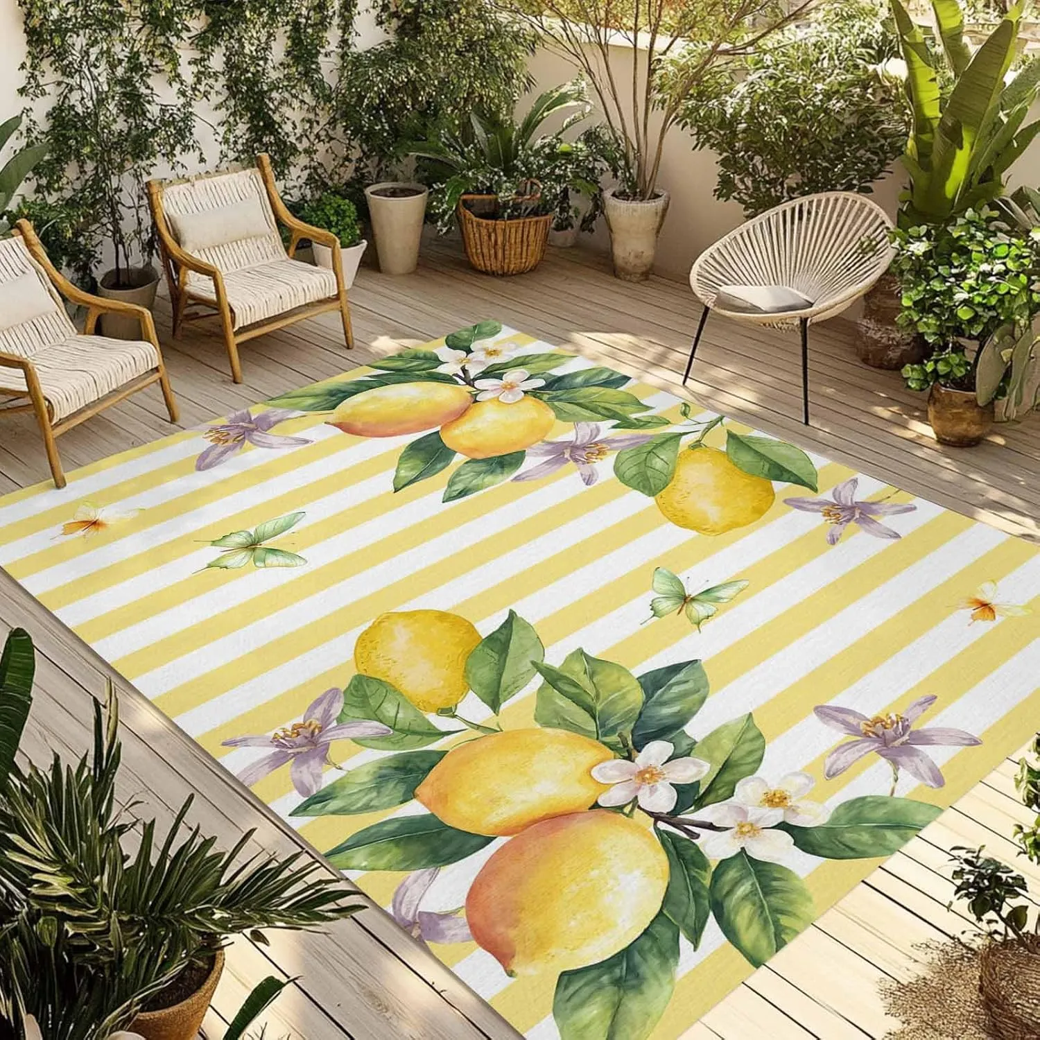 Lemon Flower Outdoor Rug 4x6ft Large Patio Rug,Washable RV Camping Outside Area Runner Rug Mat,Yellow Vertical Stripes Butterfly Farmhouse Carpet for Picnic Backyard Deck Porch Balcony Beach & Indoor