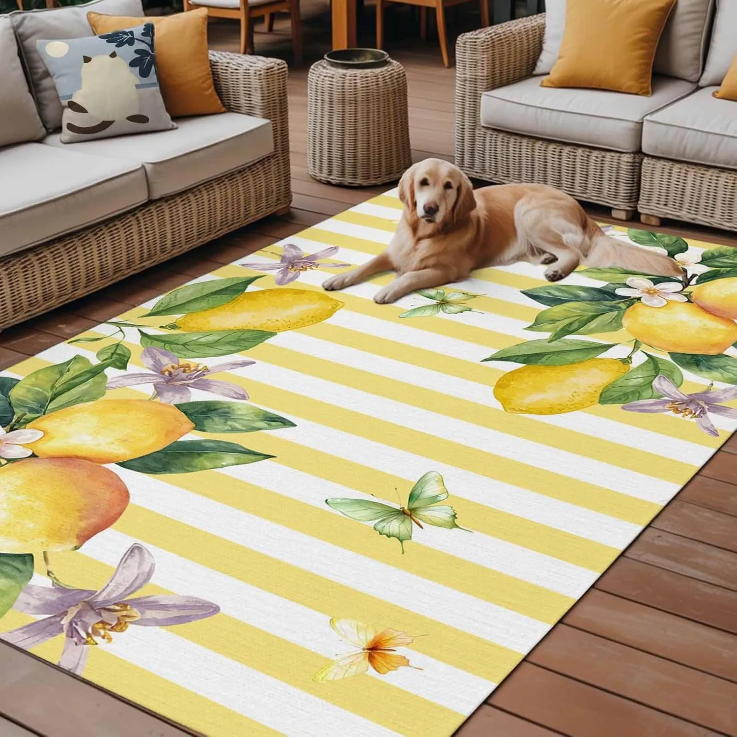 Lemon Flower Outdoor Rug 4x6ft Large Patio Rug,Washable RV Camping Outside Area Runner Rug Mat,Yellow Vertical Stripes Butterfly Farmhouse Carpet for Picnic Backyard Deck Porch Balcony Beach & Indoor
