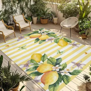 Lemon Flower Outdoor Rug 4x6ft Large Patio Rug,Washable RV Camping Outside Area Runner Rug Mat,Yellow Vertical Stripes Butterfly Farmhouse Carpet for Picnic Backyard Deck Porch Balcony Beach & Indoor