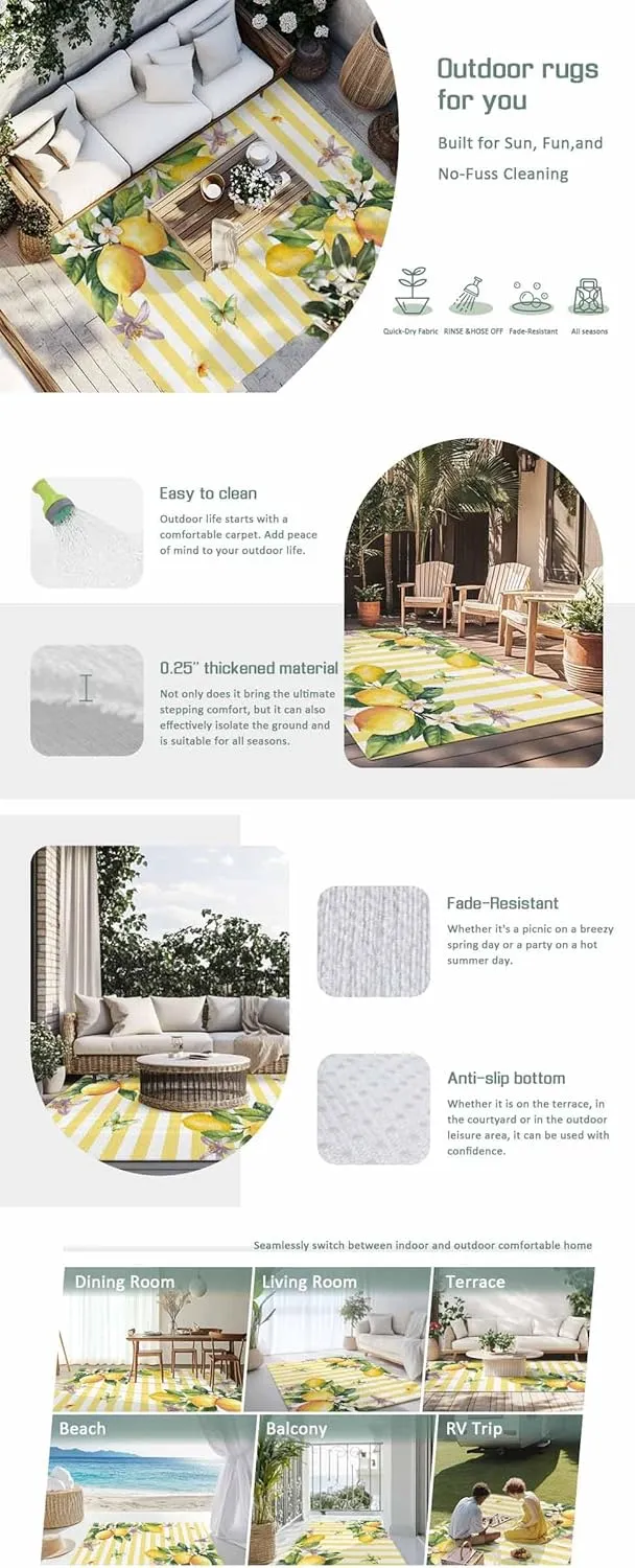 Lemon Flower Outdoor Rug 4x6ft Large Patio Rug,Washable RV Camping Outside Area Runner Rug Mat,Yellow Vertical Stripes Butterfly Farmhouse Carpet for Picnic Backyard Deck Porch Balcony Beach & Indoor