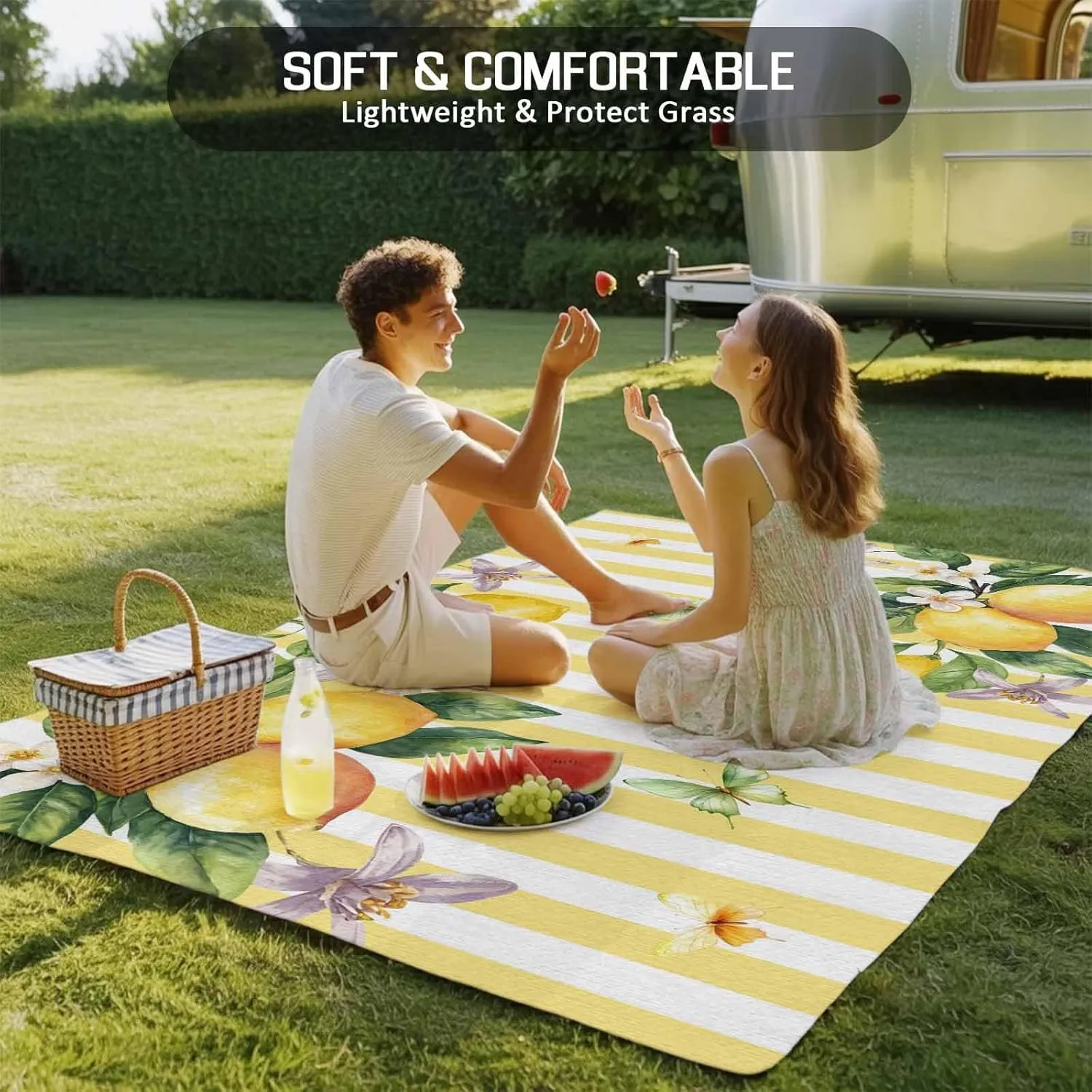 Lemon Flower Outdoor Rug 4x6ft Large Patio Rug,Washable RV Camping Outside Area Runner Rug Mat,Yellow Vertical Stripes Butterfly Farmhouse Carpet for Picnic Backyard Deck Porch Balcony Beach & Indoor