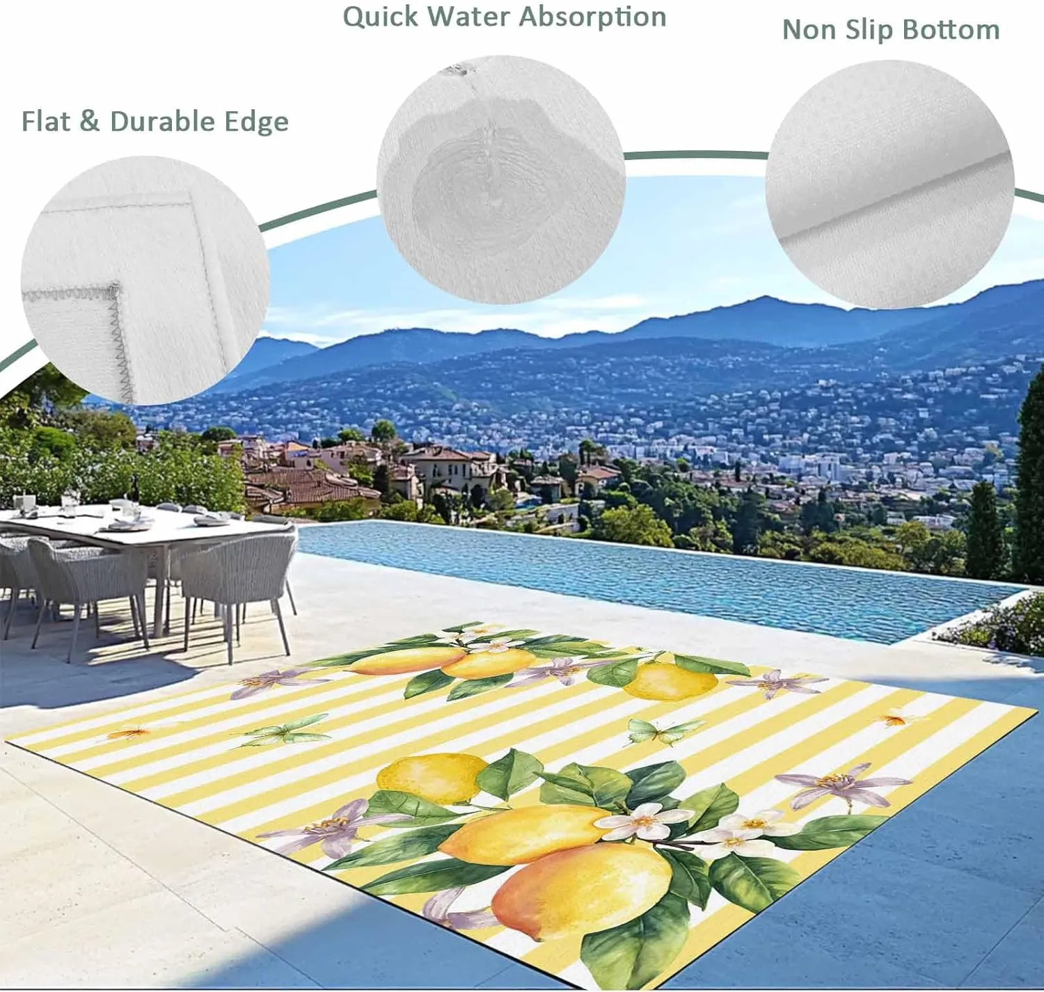 Lemon Flower Outdoor Rug 4x6ft Large Patio Rug,Washable RV Camping Outside Area Runner Rug Mat,Yellow Vertical Stripes Butterfly Farmhouse Carpet for Picnic Backyard Deck Porch Balcony Beach & Indoor