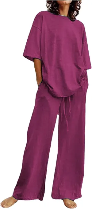 Linen Two Piece Sets For Women Summer 2024 Plus Size Tops And Wide Leg Pants Matching Set Beach Vacation Outfits