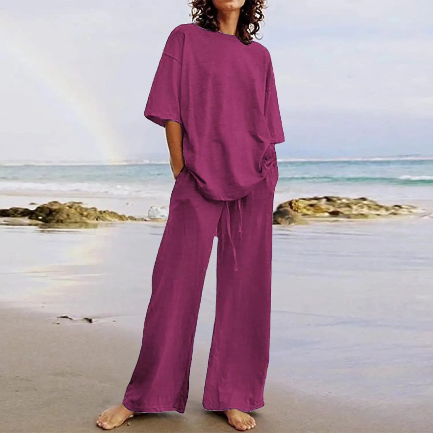 Linen Two Piece Sets For Women Summer 2024 Plus Size Tops And Wide Leg Pants Matching Set Beach Vacation Outfits