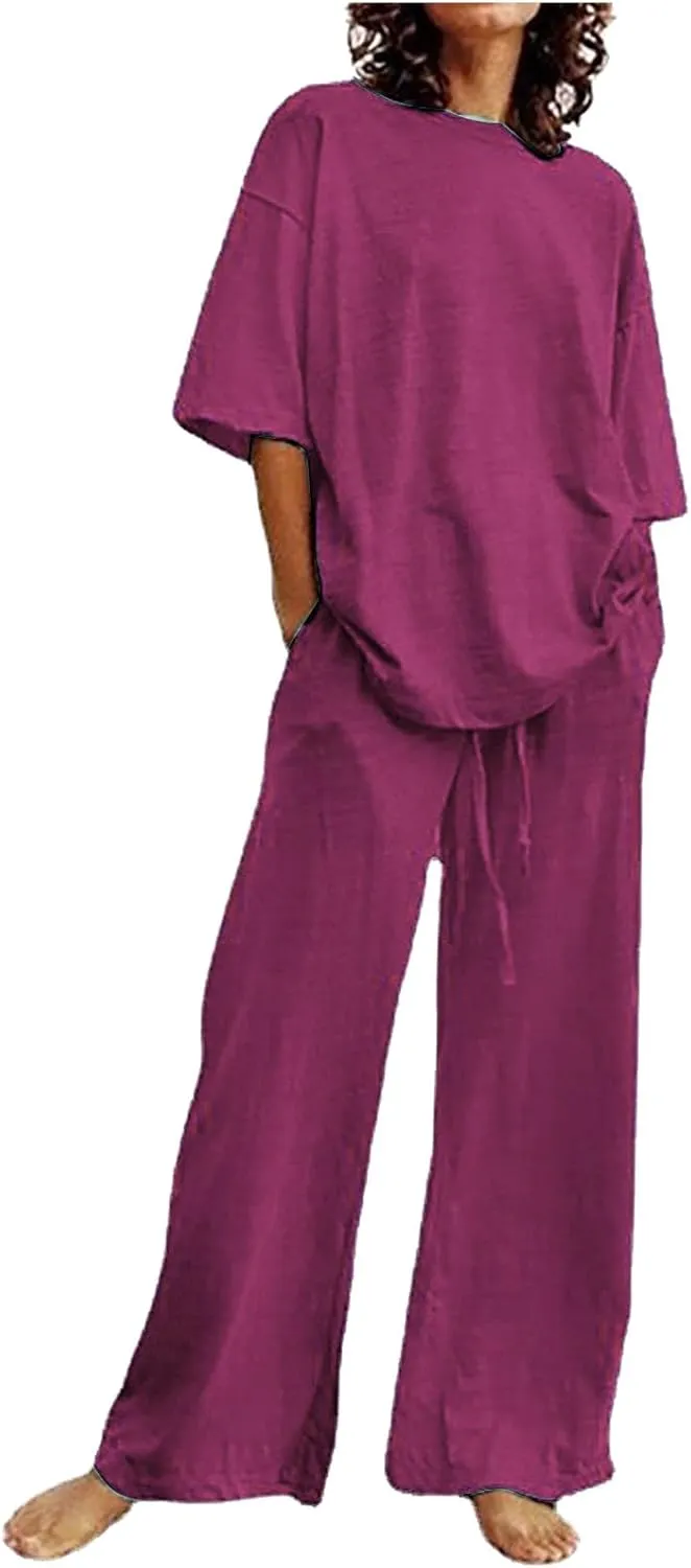 Linen Two Piece Sets For Women Summer 2024 Plus Size Tops And Wide Leg Pants Matching Set Beach Vacation Outfits