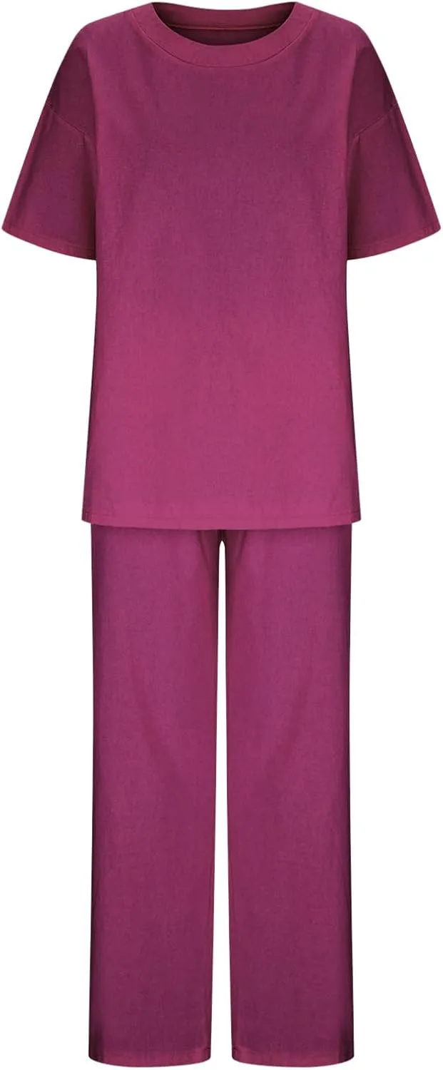 Linen Two Piece Sets For Women Summer 2024 Plus Size Tops And Wide Leg Pants Matching Set Beach Vacation Outfits