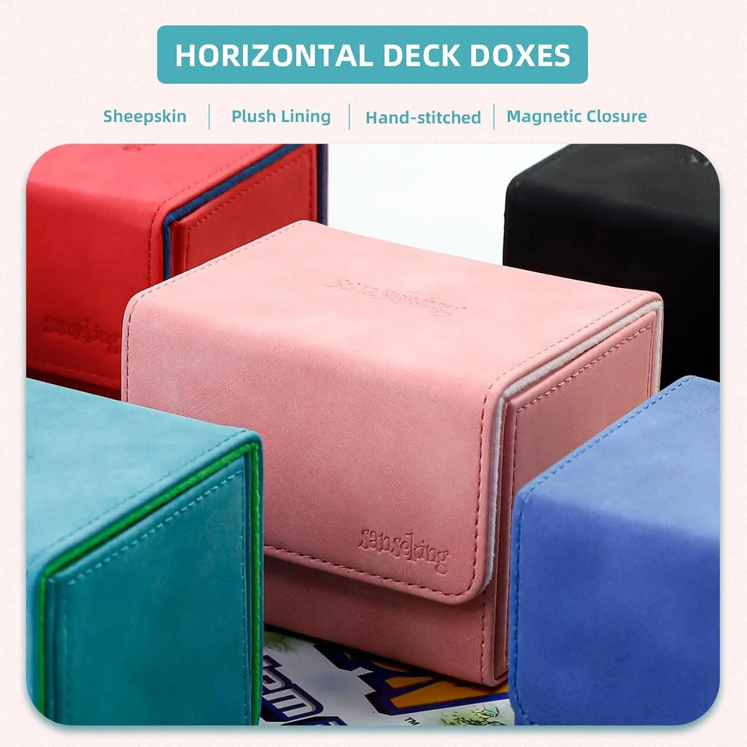 Magic Card Deck Box for MTG Single Deck Card Box fits 100  TCG Sleeved Cards Soft Leather Card Box Top loading Card Boxes Magic Gift for MTG TCG CCG (Horizontal,Cyan)