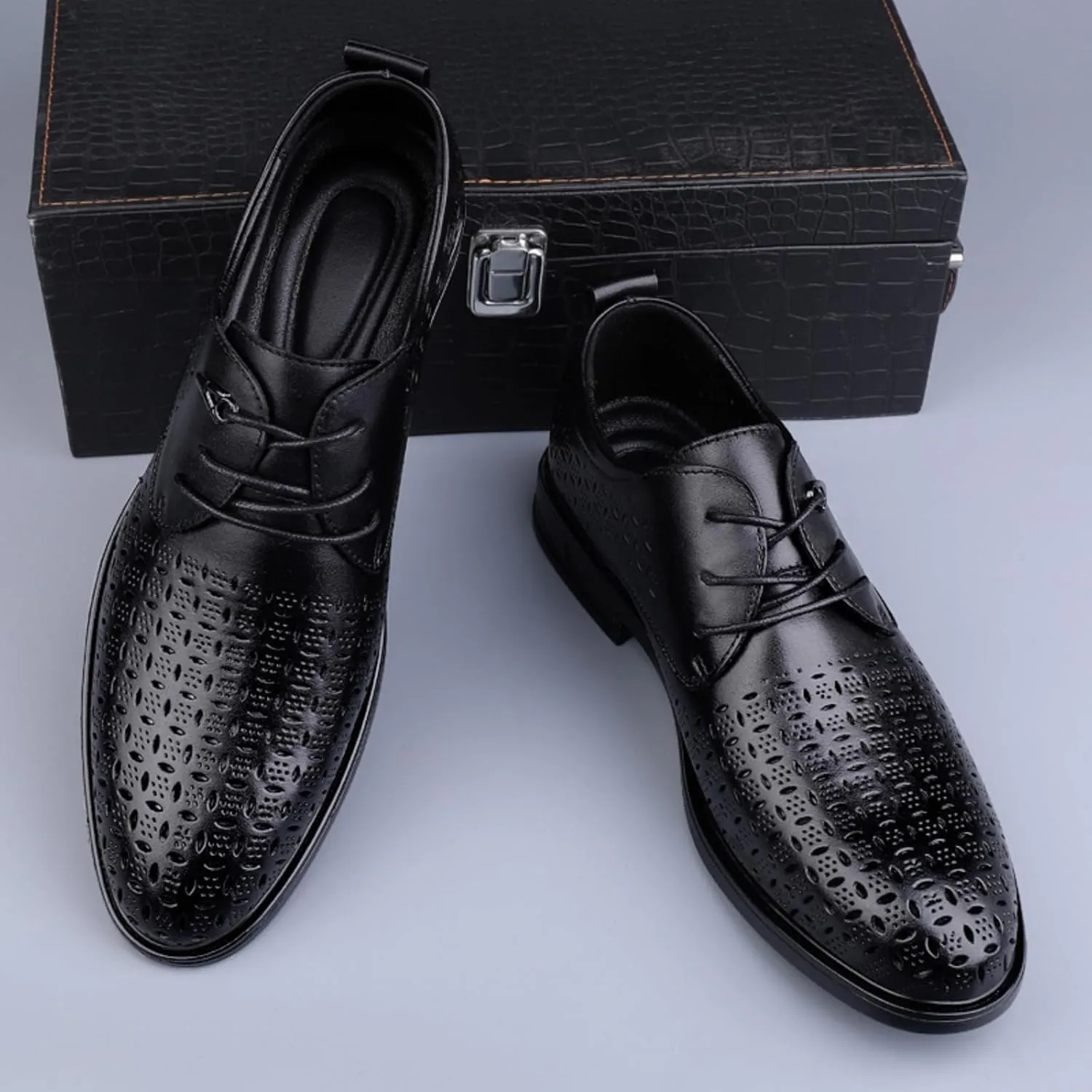 Men's Cowhide Leather Hollow - Out Perforated Lace - up Oxfords Brogue Shoes Black