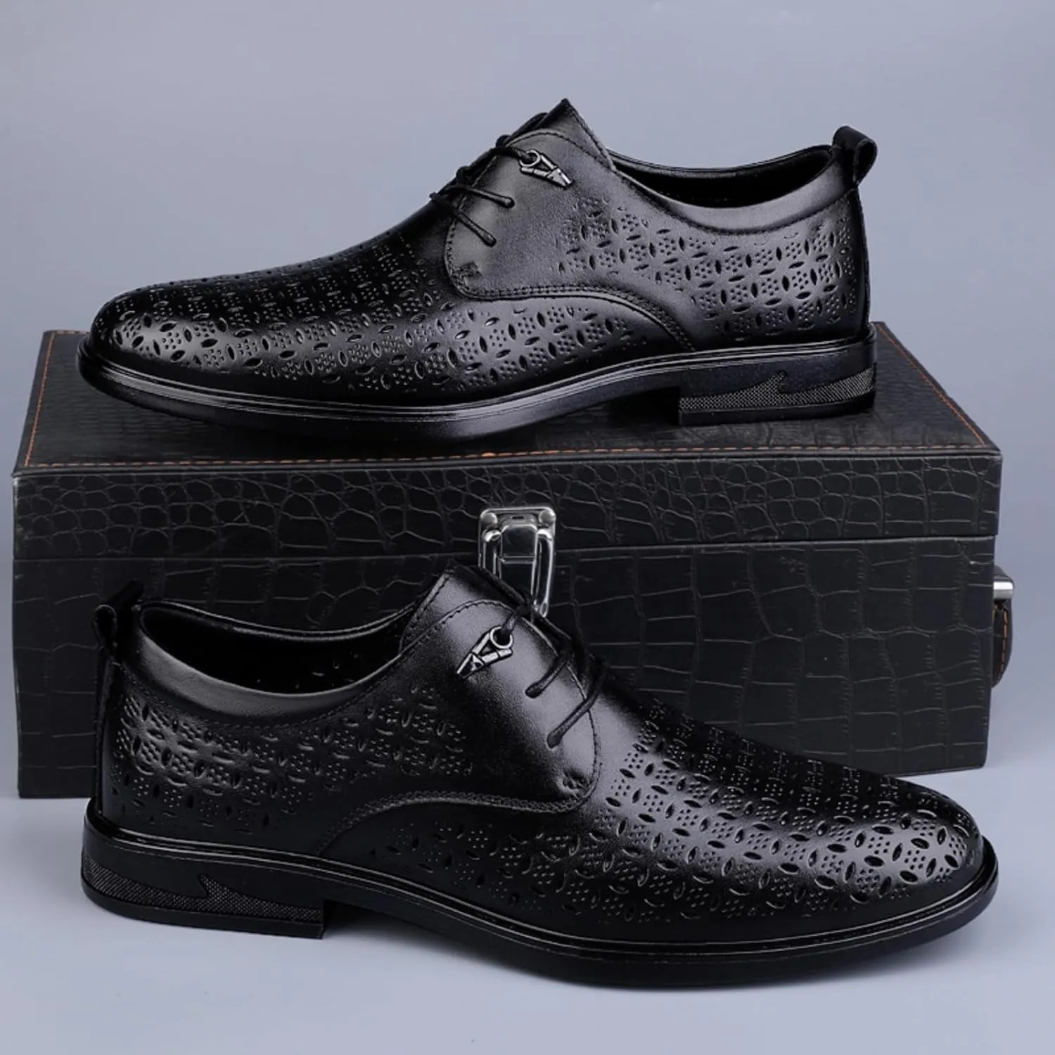 Men's Cowhide Leather Hollow - Out Perforated Lace - up Oxfords Brogue Shoes Black