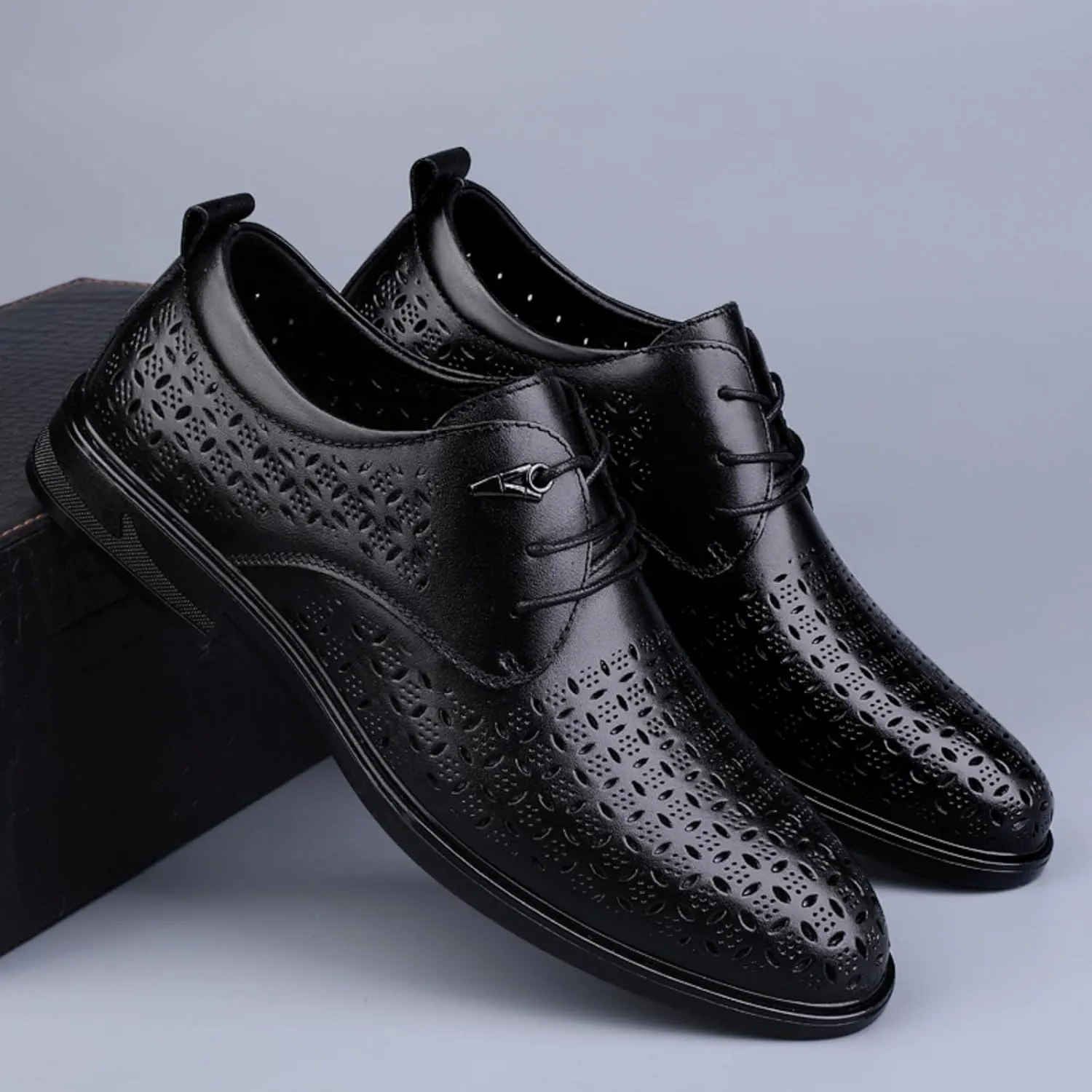 Men's Cowhide Leather Hollow - Out Perforated Lace - up Oxfords Brogue Shoes Black