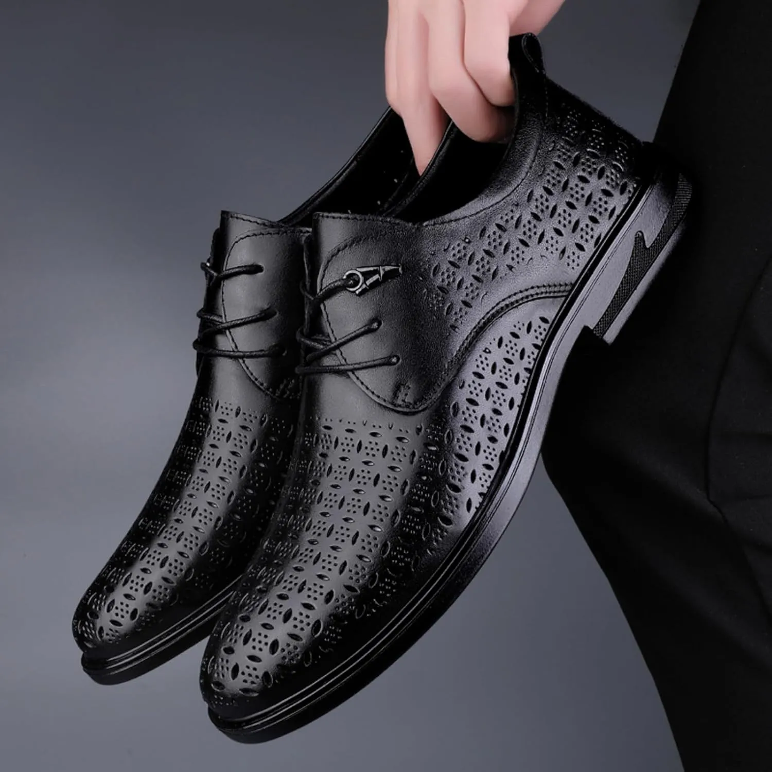 Men's Cowhide Leather Hollow - Out Perforated Lace - up Oxfords Brogue Shoes Black