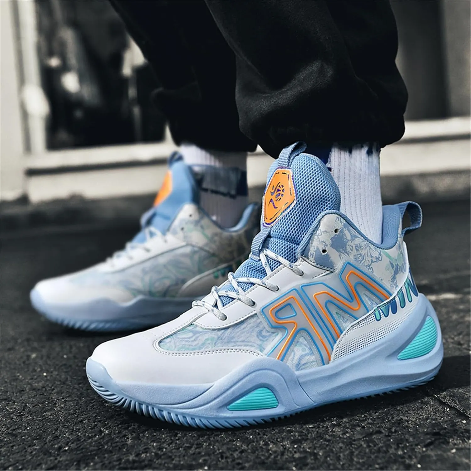 Men's Lace Up Basketball Shoes with Arch Support Fashion High-Top Breathable Sports Sneakers Running Walking Shoes
