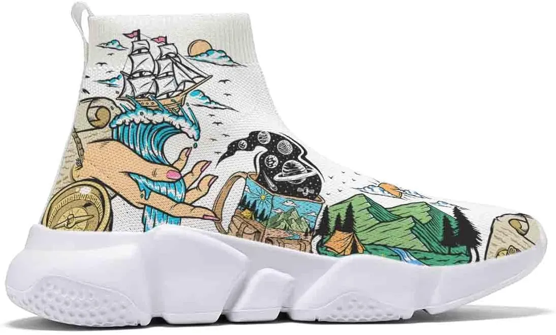 Men's Lightweight Running Shoes Casual Tennis Sports Breathable Knit Walking Non-Slip On Socks Women Sneakers Starry Sky Painted Graffiti
