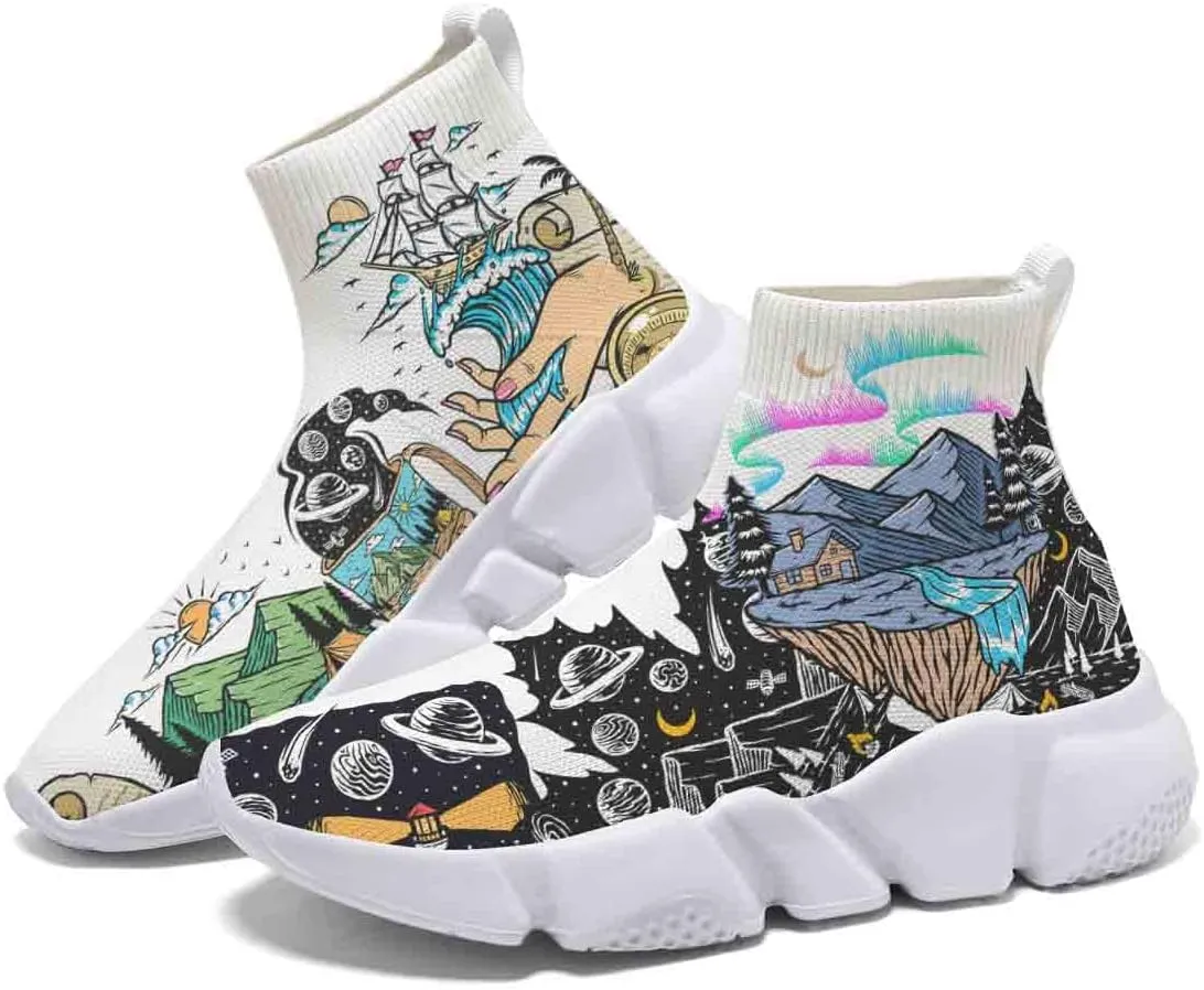 Men's Lightweight Running Shoes Casual Tennis Sports Breathable Knit Walking Non-Slip On Socks Women Sneakers Starry Sky Painted Graffiti