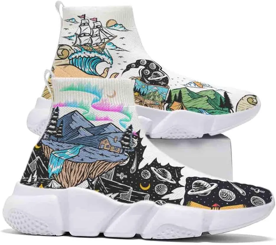Men's Lightweight Running Shoes Casual Tennis Sports Breathable Knit Walking Non-Slip On Socks Women Sneakers Starry Sky Painted Graffiti