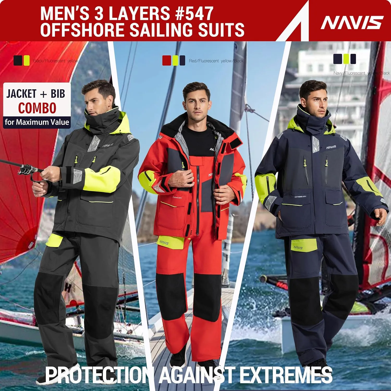 Men's Sailing Jacket & Bib Pants - Ocean PRO 3-Layer Shell, Waterproof, Breathable, Durable Combo Set