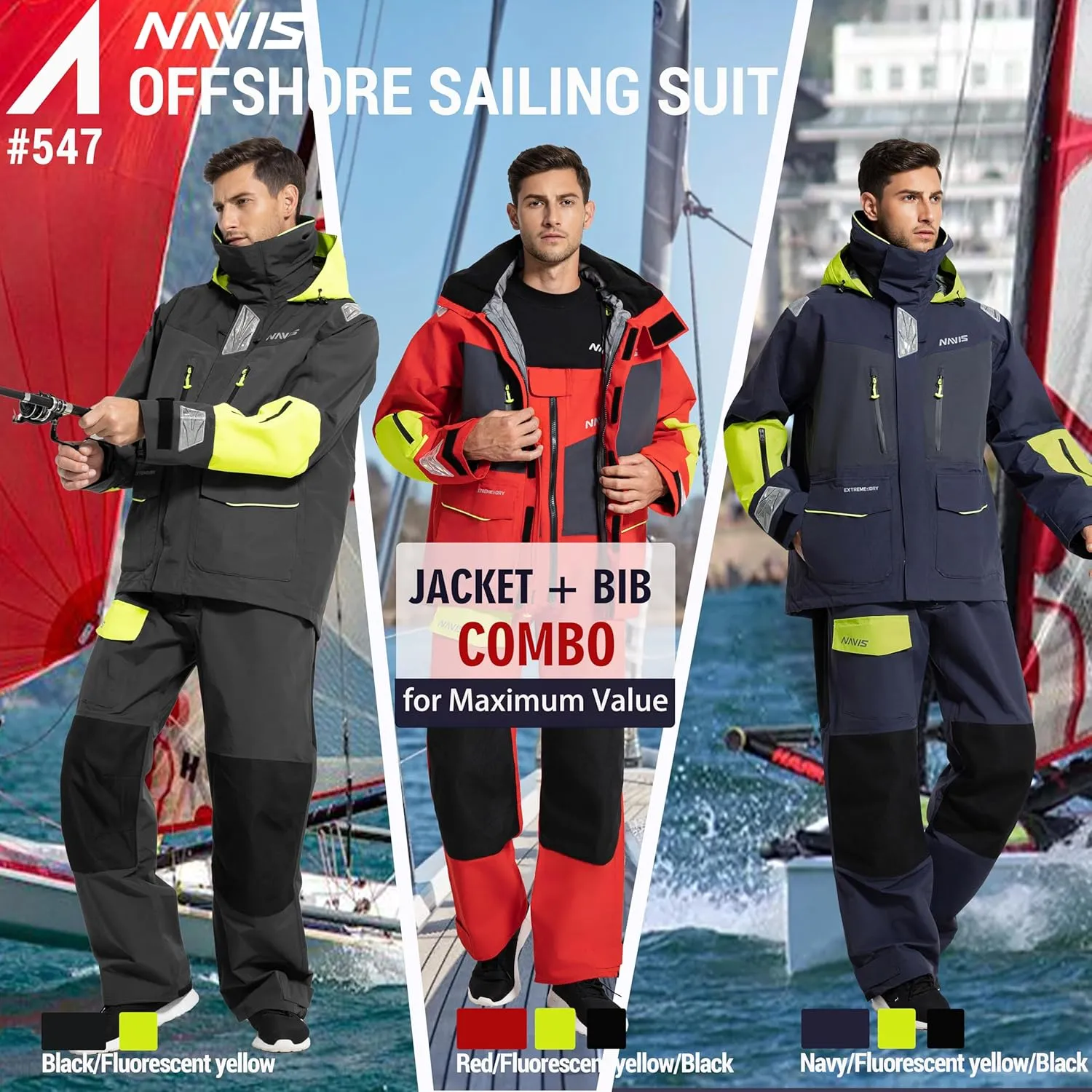 Men's Sailing Jacket & Bib Pants - Ocean PRO 3-Layer Shell, Waterproof, Breathable, Durable Combo Set