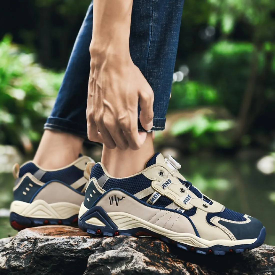 Men's Waterproof Hiking Shoe for Walking & Trail Shoes Self-Tying Anti Slip Outdoor Hike Trekking Shoes Low Top Breathable Camping Hiker Sneakers