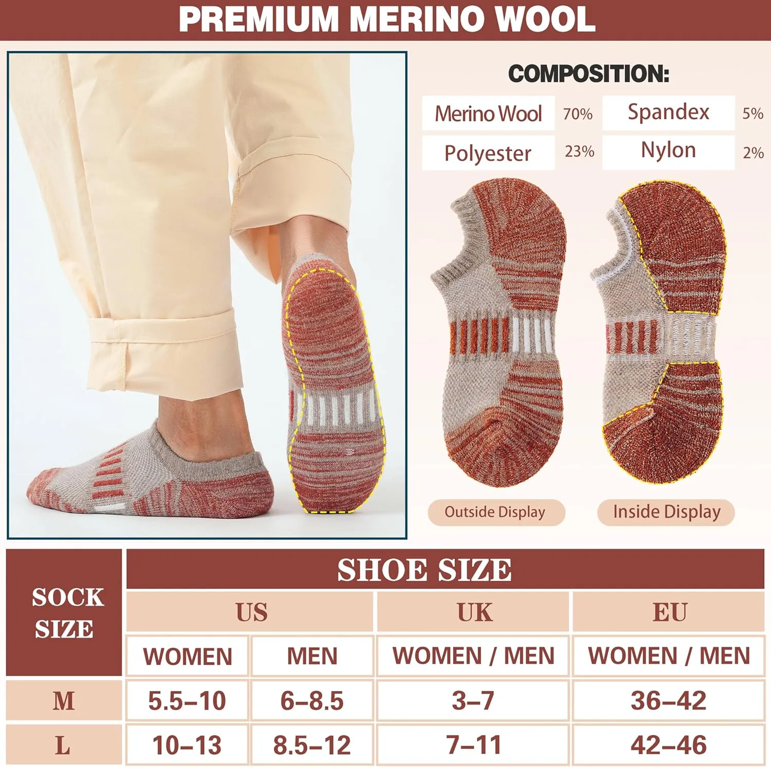 Merino Wool Ankle Athletic Running No Show Socks Cushioned Breathable Sports Warm Thick Socks for Men and Women 6 Pairs