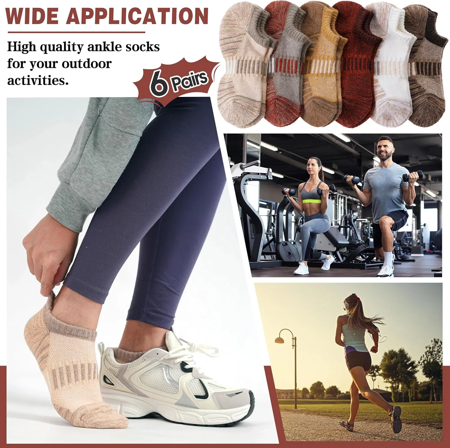 Merino Wool Ankle Athletic Running No Show Socks Cushioned Breathable Sports Warm Thick Socks for Men and Women 6 Pairs