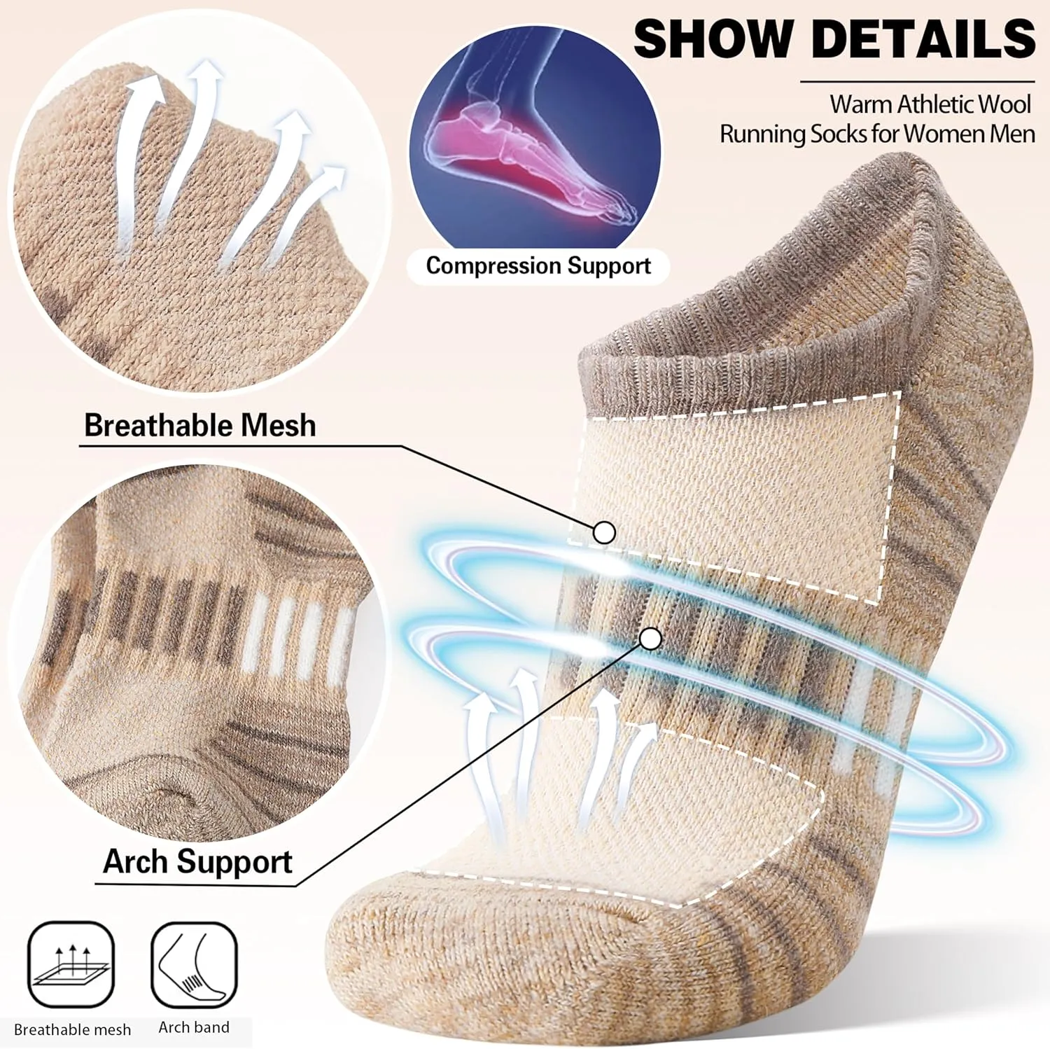 Merino Wool Ankle Athletic Running No Show Socks Cushioned Breathable Sports Warm Thick Socks for Men and Women 6 Pairs