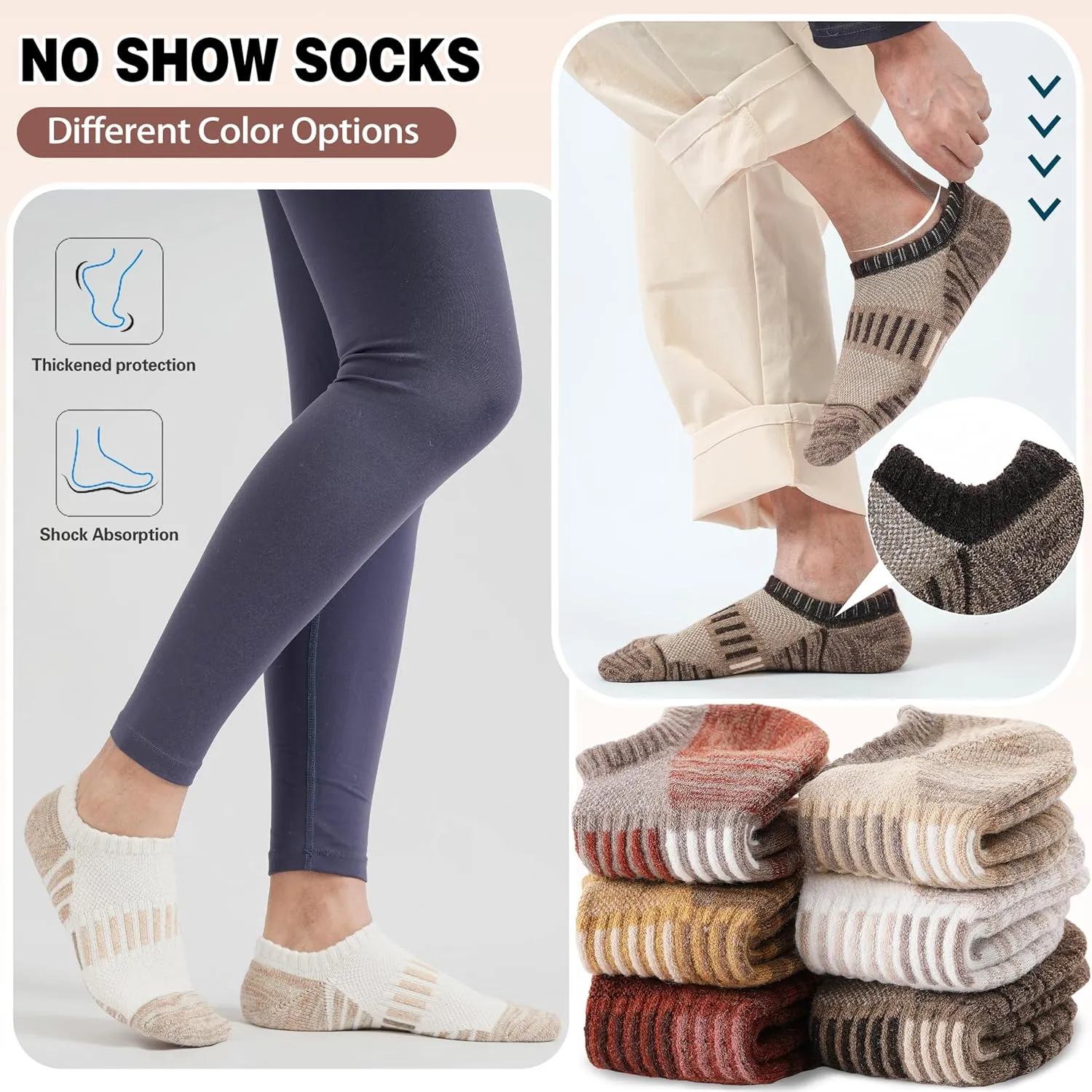 Merino Wool Ankle Athletic Running No Show Socks Cushioned Breathable Sports Warm Thick Socks for Men and Women 6 Pairs