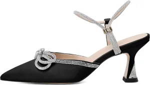 Mettesally Womens Rhinestone Bow Heels Pointed Toe Low Heeled Sandals Satin Shoes Ankle Strap Slingback Pumps Dress Shoes