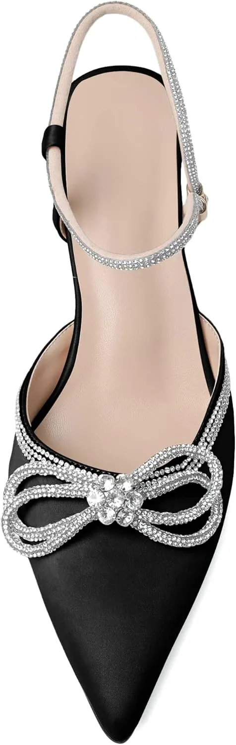 Mettesally Womens Rhinestone Bow Heels Pointed Toe Low Heeled Sandals Satin Shoes Ankle Strap Slingback Pumps Dress Shoes