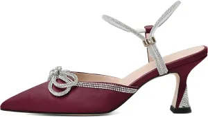 Mettesally Womens Rhinestone Bow Heels Pointed Toe Low Heeled Sandals Satin Shoes Ankle Strap Slingback Pumps Dress Shoes