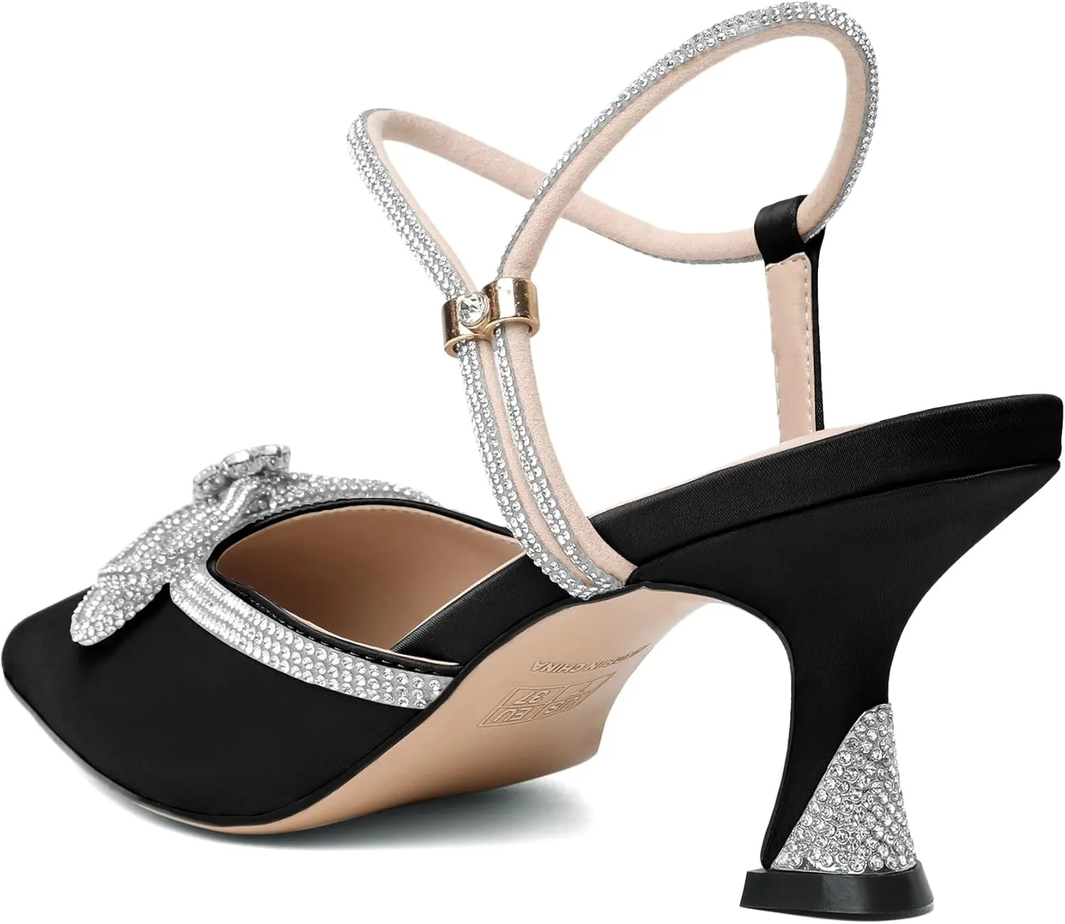 Mettesally Womens Rhinestone Bow Heels Pointed Toe Low Heeled Sandals Satin Shoes Ankle Strap Slingback Pumps Dress Shoes