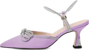 Mettesally Womens Rhinestone Bow Heels Pointed Toe Low Heeled Sandals Satin Shoes Ankle Strap Slingback Pumps Dress Shoes