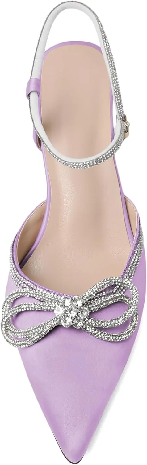 Mettesally Womens Rhinestone Bow Heels Pointed Toe Low Heeled Sandals Satin Shoes Ankle Strap Slingback Pumps Dress Shoes