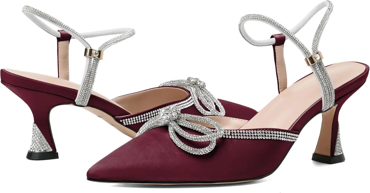 Mettesally Womens Rhinestone Bow Heels Pointed Toe Low Heeled Sandals Satin Shoes Ankle Strap Slingback Pumps Dress Shoes