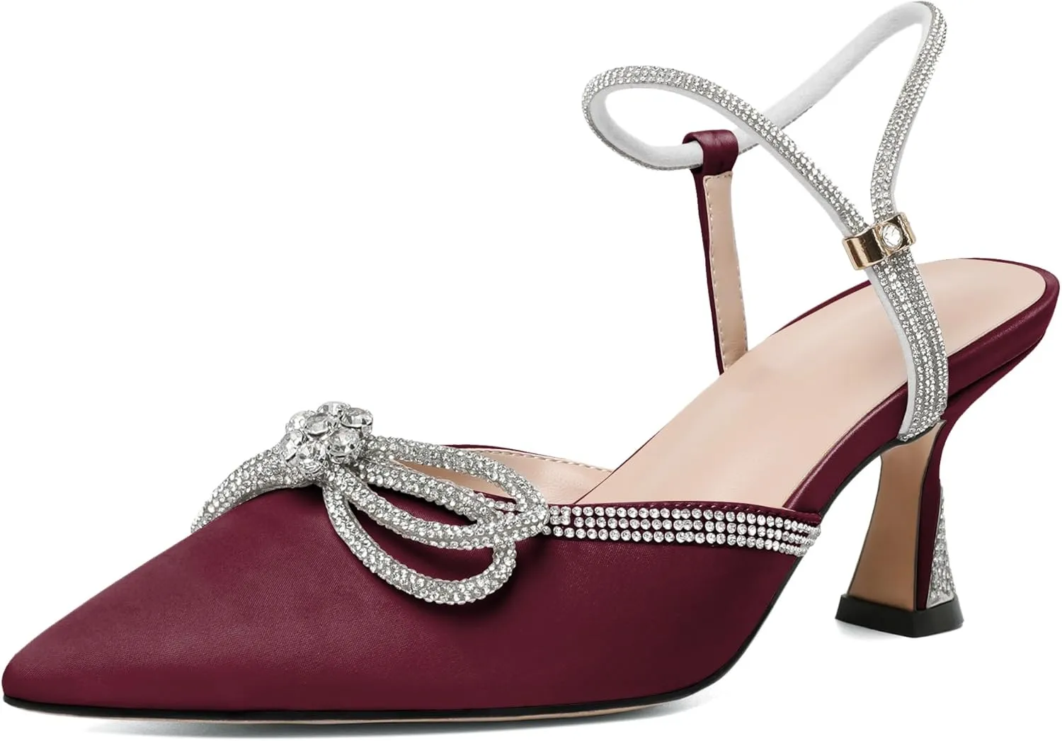 Mettesally Womens Rhinestone Bow Heels Pointed Toe Low Heeled Sandals Satin Shoes Ankle Strap Slingback Pumps Dress Shoes