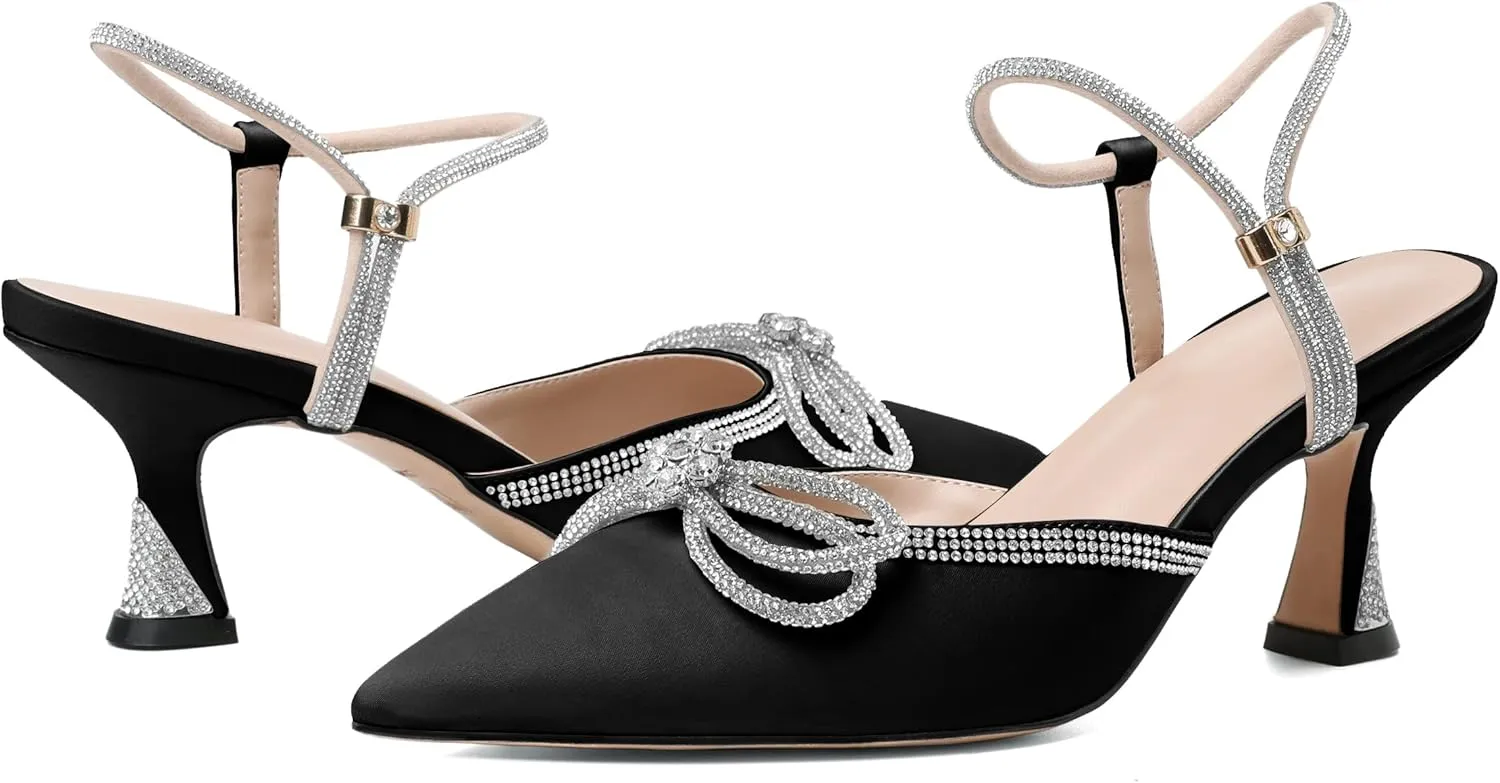 Mettesally Womens Rhinestone Bow Heels Pointed Toe Low Heeled Sandals Satin Shoes Ankle Strap Slingback Pumps Dress Shoes