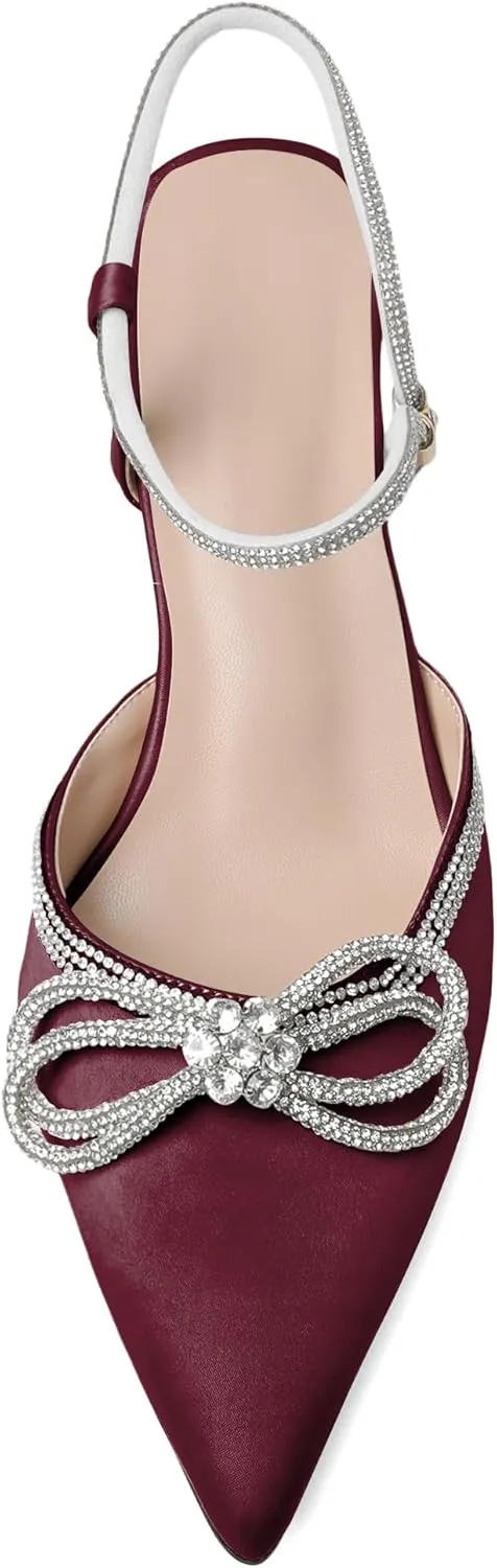 Mettesally Womens Rhinestone Bow Heels Pointed Toe Low Heeled Sandals Satin Shoes Ankle Strap Slingback Pumps Dress Shoes