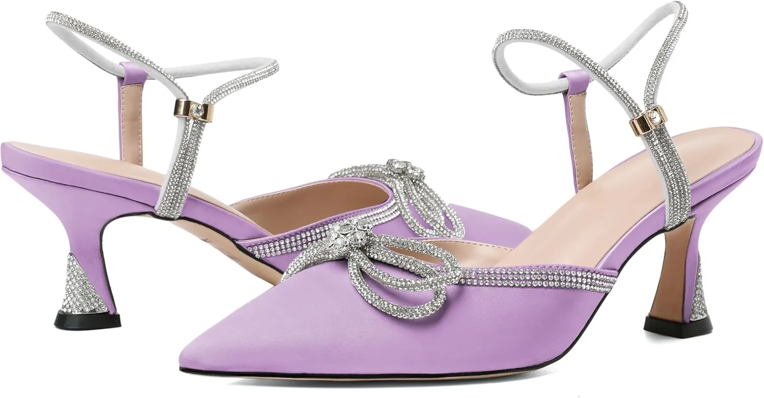 Mettesally Womens Rhinestone Bow Heels Pointed Toe Low Heeled Sandals Satin Shoes Ankle Strap Slingback Pumps Dress Shoes