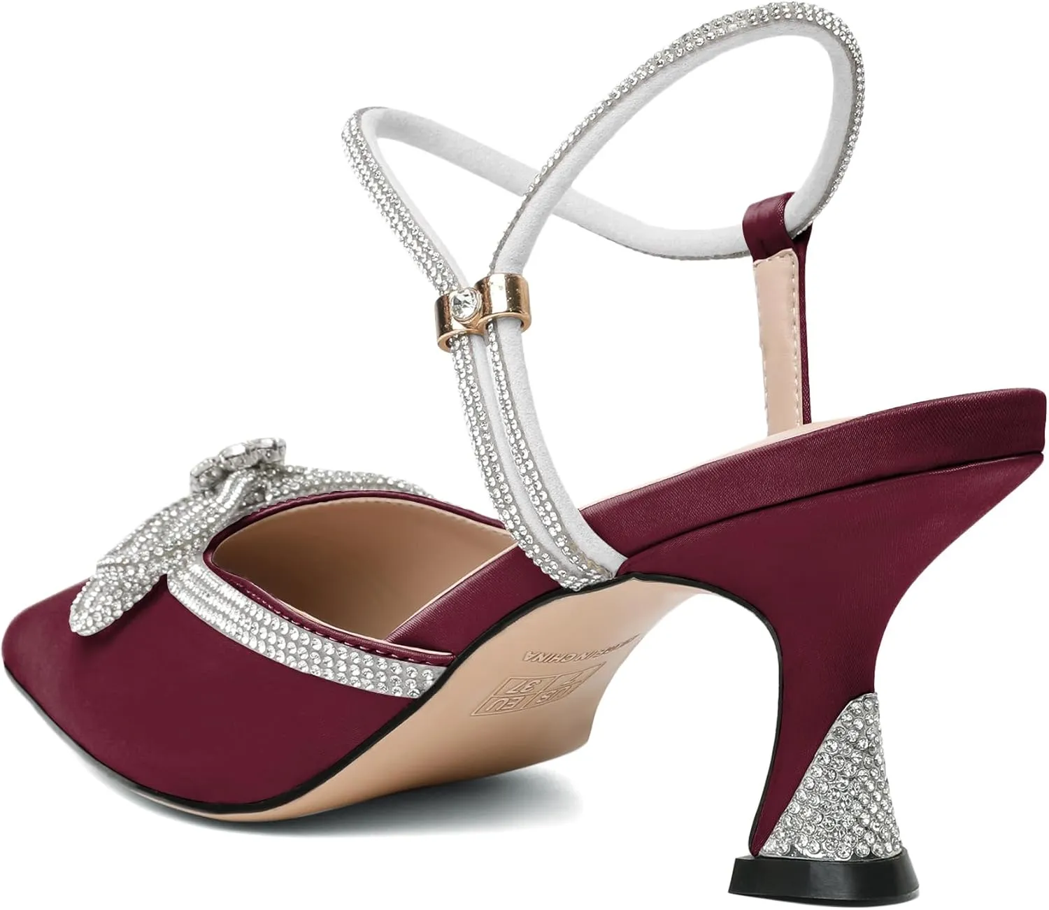 Mettesally Womens Rhinestone Bow Heels Pointed Toe Low Heeled Sandals Satin Shoes Ankle Strap Slingback Pumps Dress Shoes