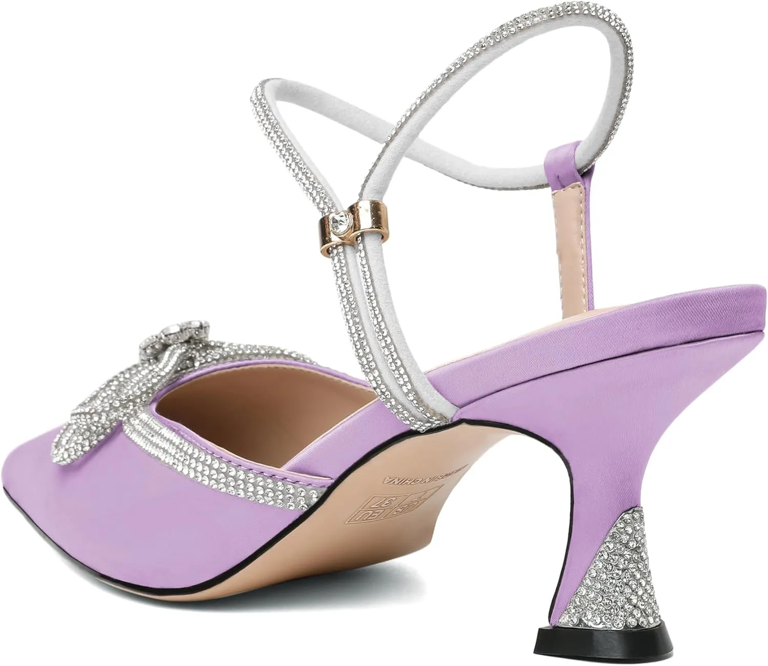 Mettesally Womens Rhinestone Bow Heels Pointed Toe Low Heeled Sandals Satin Shoes Ankle Strap Slingback Pumps Dress Shoes