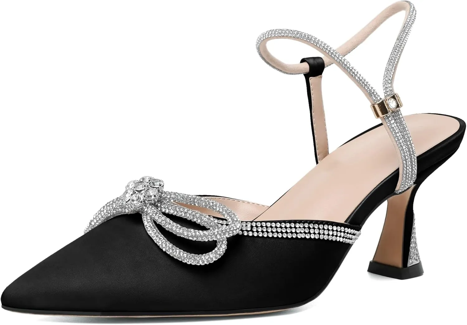 Mettesally Womens Rhinestone Bow Heels Pointed Toe Low Heeled Sandals Satin Shoes Ankle Strap Slingback Pumps Dress Shoes