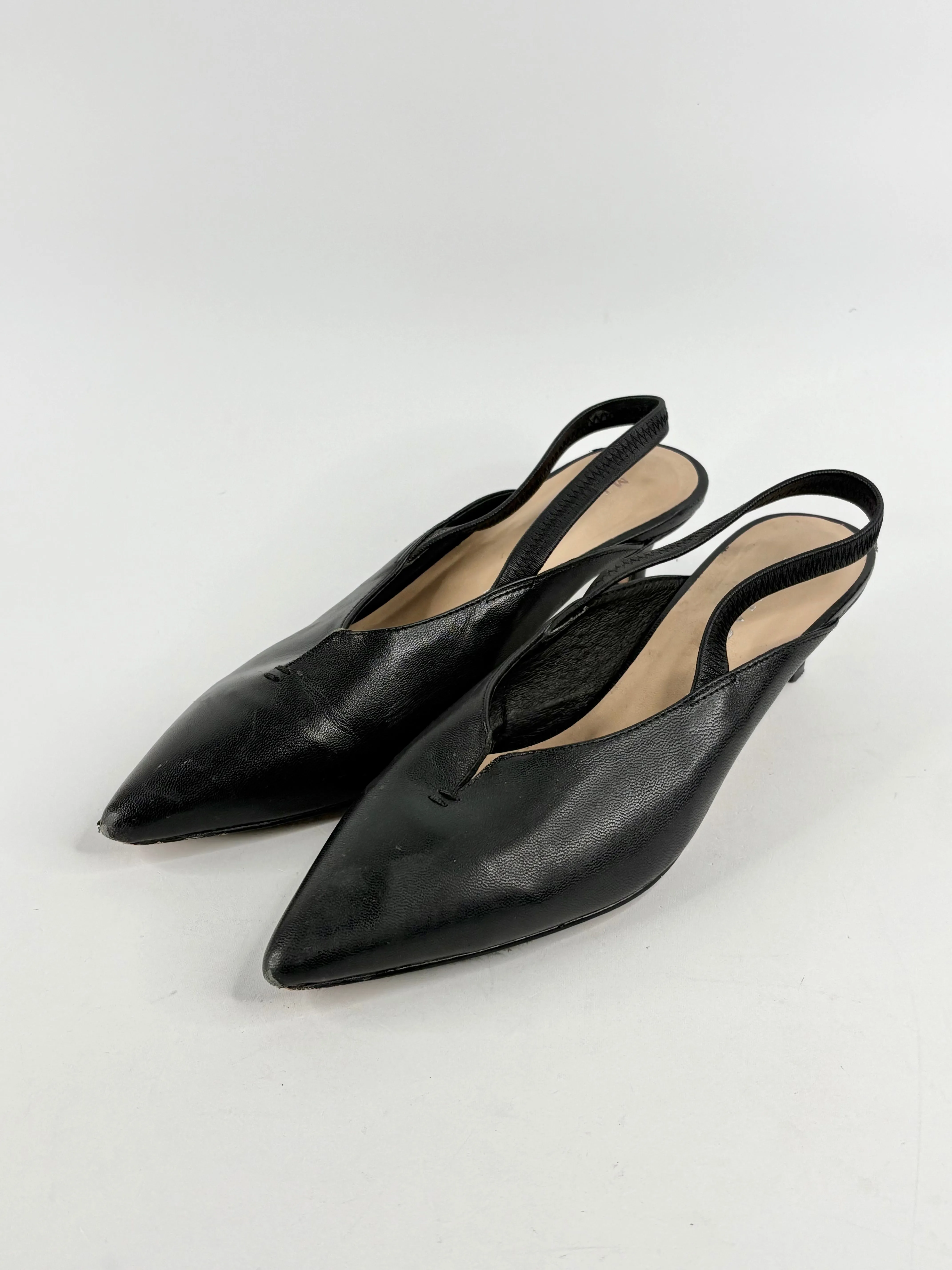 Mi Piaci Black Leather Point-Toe Slingback Mule Pumps - EU38